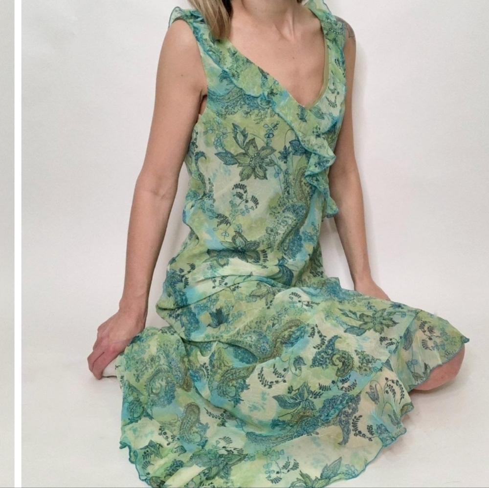 Vintage AGB Floral Asymmetrical Ruffle Midi Dress Fairy Core Nymph Y2k Green 8 - Picture 6 of 6